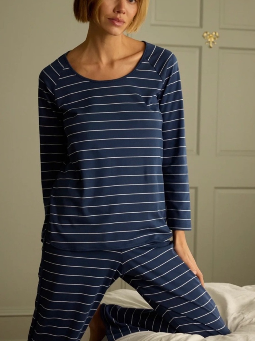 LAKE Pima Cotton Long-Sleeved Pajama Top - size M - Navy Stripe